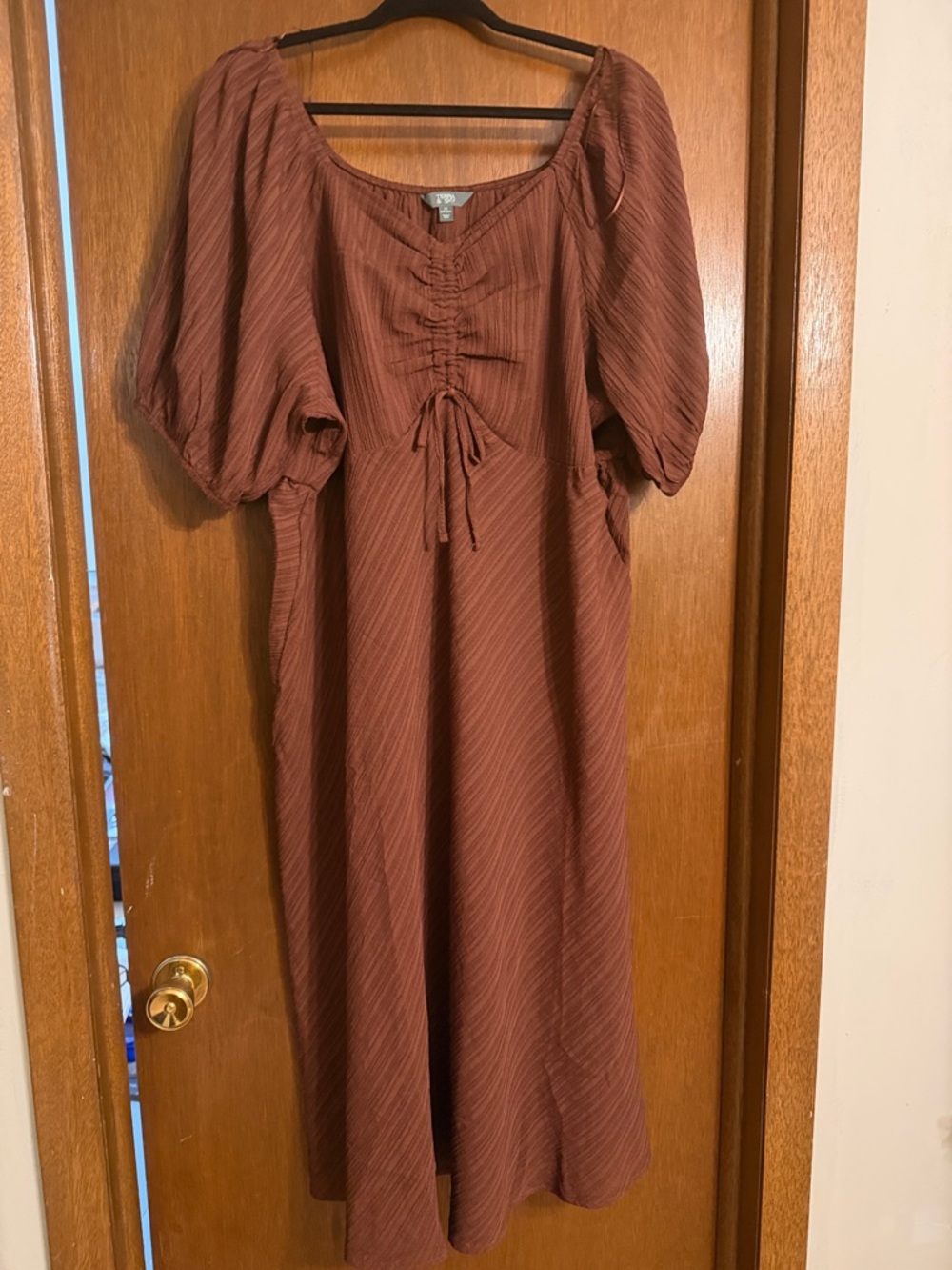 Women’s Rust Puff Sleeve Midi Dress with Front Tie
